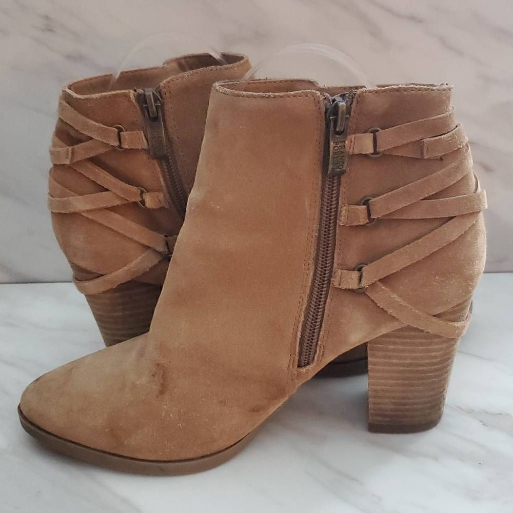 Franco Fortini Carly Tan Suede Braid Lace Back Wooden Block Heel Ankle Booties S - Picture 6 of 8